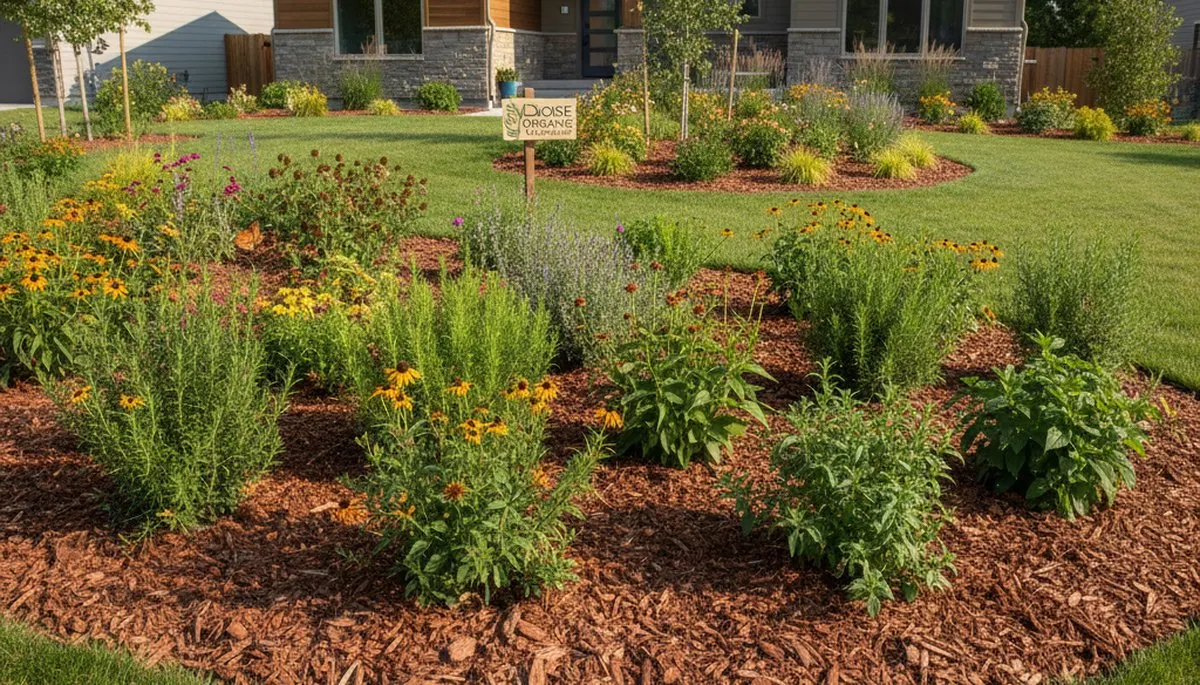 Organic landscape beds with natural mulch and native plants by sustainable landscapers in Boise, ID