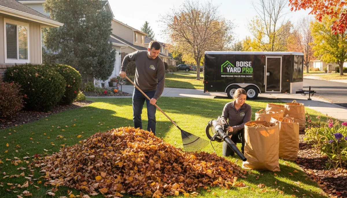 Landscapers in Boise, ID performing fall yard clean up and leaf removal at a residential property