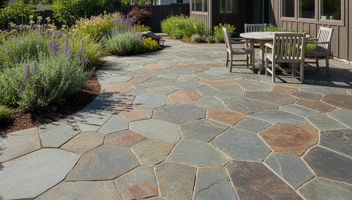 Flagstone patio installation with natural stone pavers by Chop Chop Landscaping in Boise, Idaho
