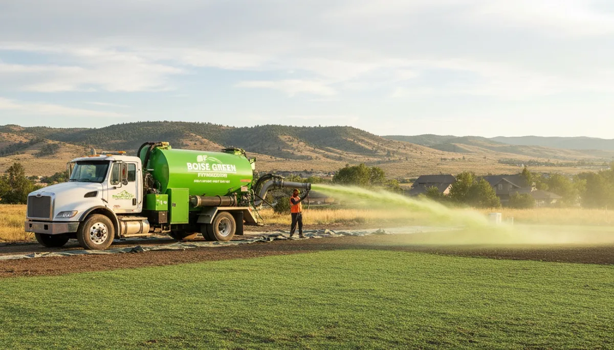 Professional hydroseeder truck spraying green slurry on new lawn in Boise, ID by Chop Chop Landscaping