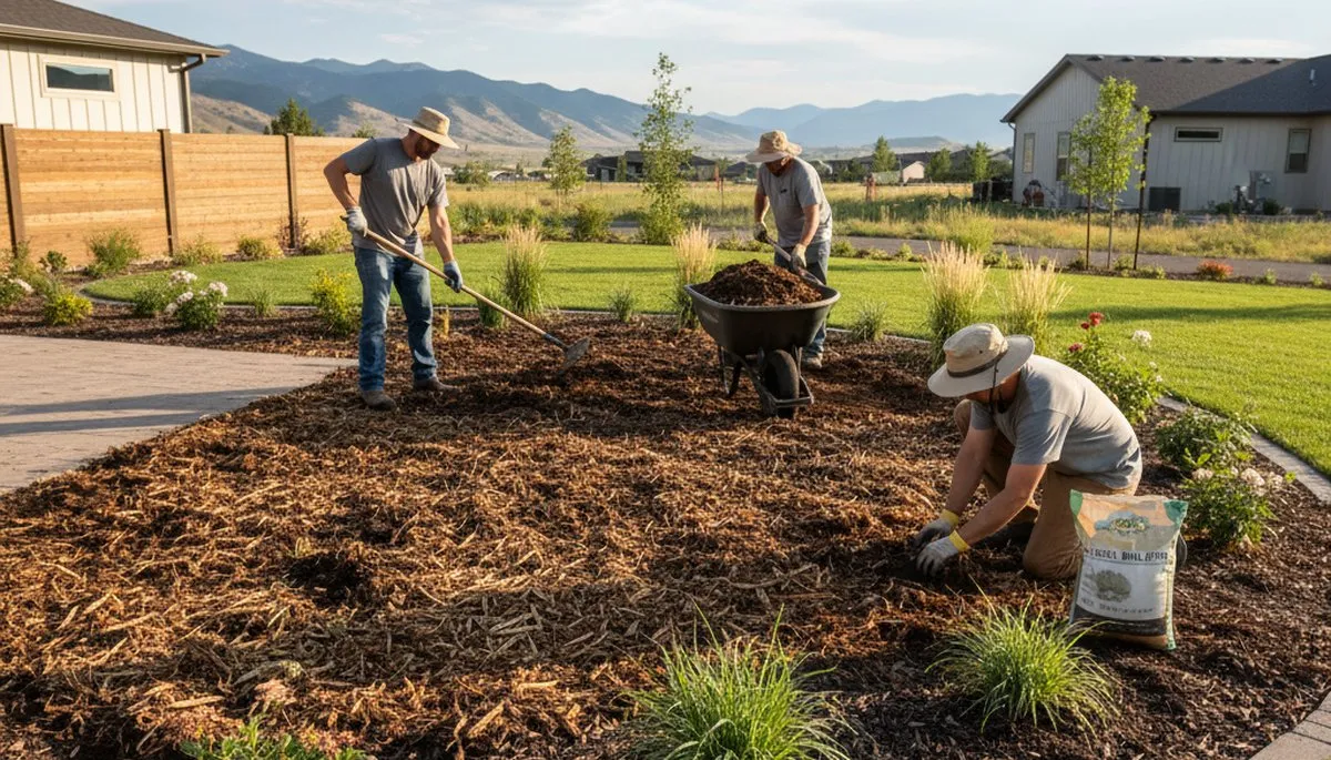 Boise ID landscapers applying organic compost and natural fertilizer to landscape beds for healthy soil