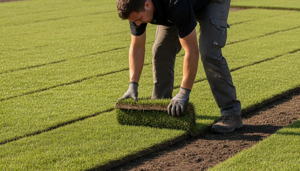 Professional landscaper laying sod rolls with expert placement and seams in Boise, ID yard installation